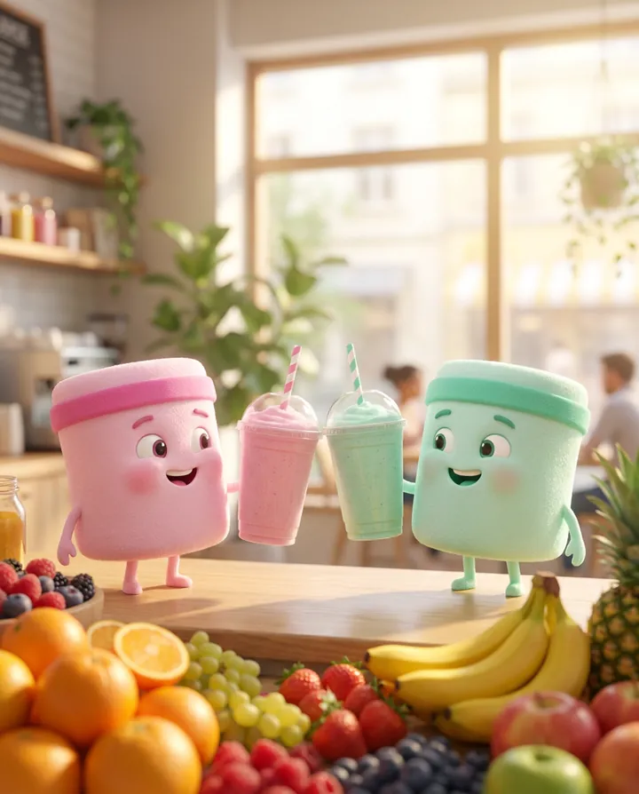 Pinky and Minty, two marshmallows, clink smoothie cups at a sunny juice bar