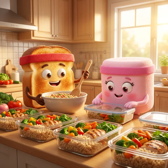 Toast and Pinky meal-prepping healthy lunches in a sunny kitchen