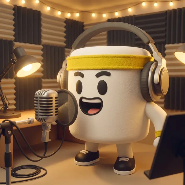 Mal the marshmallow speaking into a studio microphone