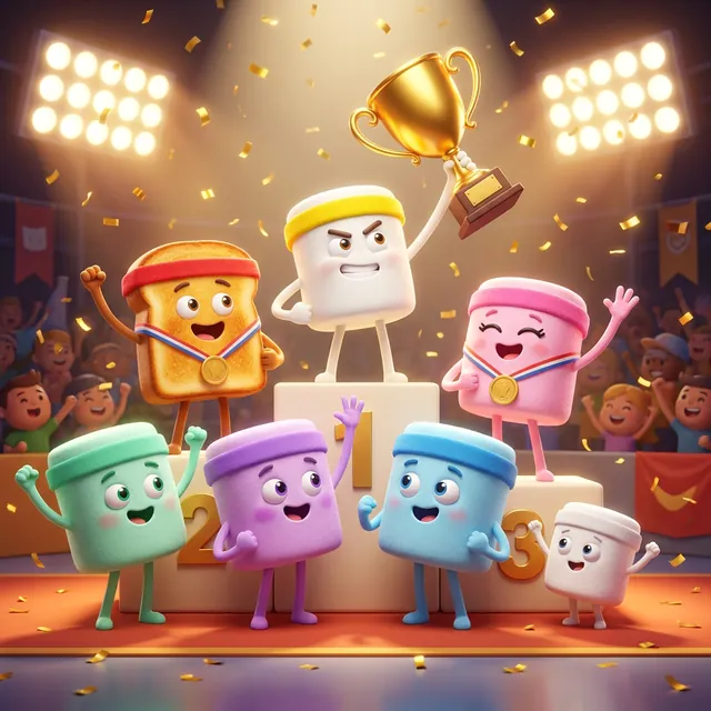 The marshmallow crew celebrating on a winners’ podium with a gold trophy
