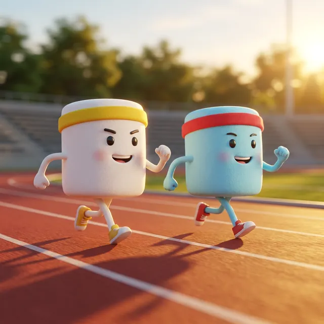 Mal and Sky mid-stride on a running track at sunrise