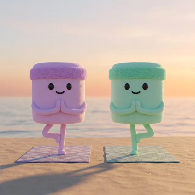 Lilac and Minty holding tree pose on a beach at golden hour
