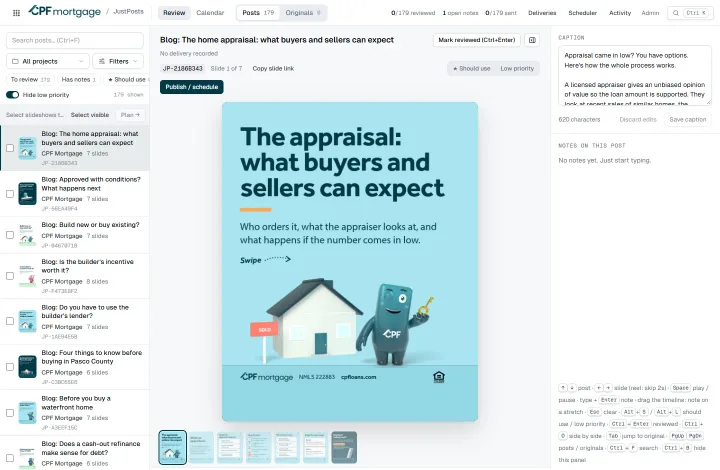 JustPosts with CPF Mortgage’s posts: a carousel about the home appraisal, with the caption editor