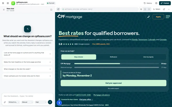 Sites in CPF’s suite: a chat asking what to change on cpfloans.com, beside a live preview of the CPF Mortgage home page