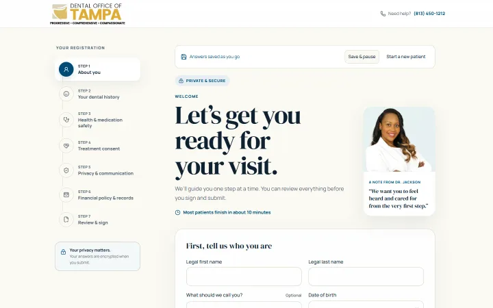 The patient registration’s first step: a seven-step rail, a welcome from Dr. Jackson and empty name fields