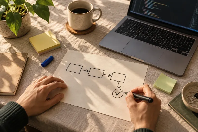 Hands sketching a three-step workflow on paper next to a laptop showing code