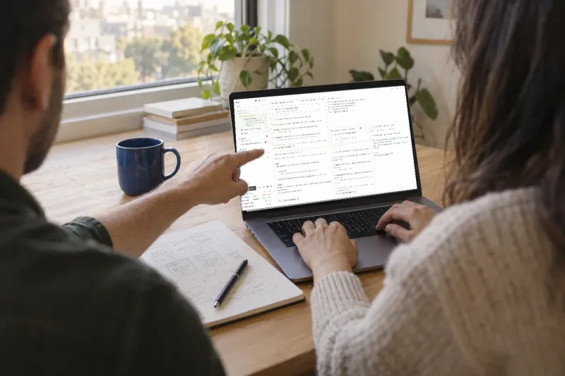 Two people side by side at a laptop running coding agents, one pointing at the screen while the other types