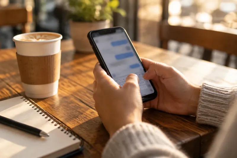 Someone replying to a message on their phone at a cafe table