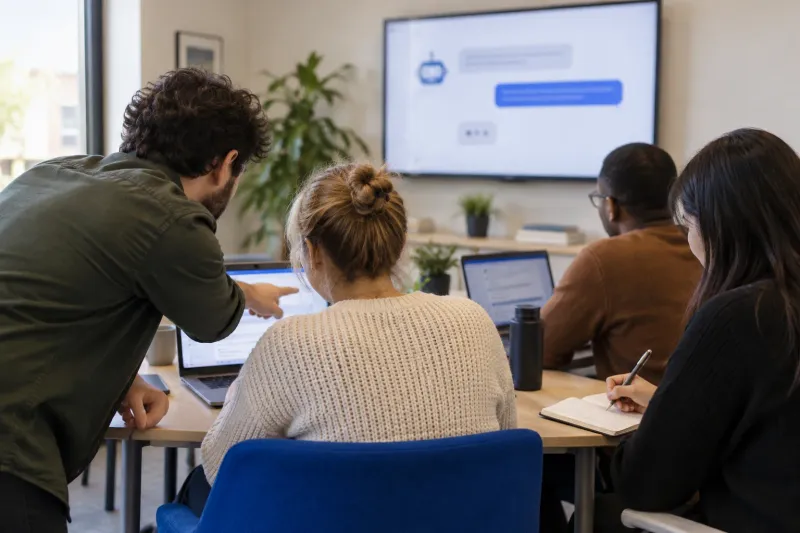 A hands-on training session: one person leans in to point at a colleague’s laptop while others take notes